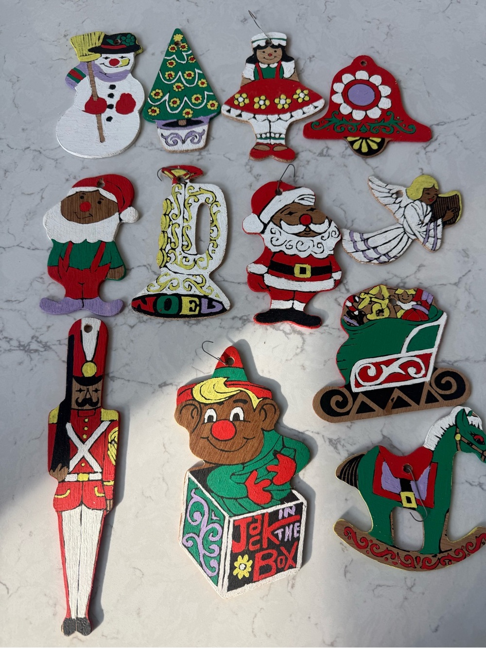 Lot Of 12 Vintage 70s Hand Painted Wooden Christmas Tree Hanging Ornaments